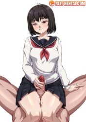 1boy cowgirl_position faceless_male female looking_at_viewer osanai_yuki pink_eyes pov red_eyes reit school_uniform schoolgirl schoolgirl_uniform short_hair shoshimin skirt smile tagme thigh_sex thighs veiny_penis watermark white_background