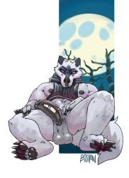 anthro balls bastriw big_claws black_clothing black_nipples black_penis bottomless canid canine canis cheek_tuft claws clothed clothing darkened_balls darkened_genitalia darkened_penis dead_tree death_(puss_in_boots) dreamworks eyebrows facial_markings facial_tuft fluffy fluffy_tail front_view full_moon fur fuzzy genitals glistening glistening_balls glistening_eyes glistening_genitalia glistening_penis grey_body grey_fur hand_on_leg head_markings head_tuft hi_res humanoid_genitalia humanoid_penis leaning leaning_backward looking_at_viewer male mammal markings mask_(marking) moon mostly_nude muscular muscular_anthro muscular_male narrowed_eyes nature nature_background navel night nipples on_ground pawpads penis penis_on_leg plant puss_in_boots_(franchise) red_eyes saggy_balls signature simple_background solo spread_legs spreading tail topwear topwear_lift tree tuft white_background wolf