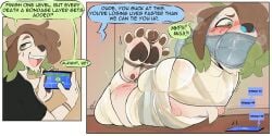 2_panel_comic 3_toes anthro arms_tied asphyxiation astarvingfarbeagle blush boba_(astarvingfarbeagle) bondage bondage bound brown_body brown_fur brown_hair clothing desperation dialogue electronics english_text feet feet_tied fur gag gagged generation_2_pokemon green_eyes hair hands_behind_back hi_res holding_object holding_phone legs_tied looking_back lying male nintendo nipples nose_plugs on_front open_mouth phone pokemon pokemon_(species) shirt smeargle solo spank_marks speech_bubble submissive submissive_anthro submissive_male tan_body tan_fur tape tape_gag text toes topwear