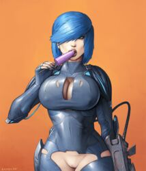 1girls aqua_hair arms blue_bodysuit blue_eyes blue_hair blue_nails bob_cut bodysuit breasts clavicle cleavage clitoral_hood cowboy_shot dessert dripping ear eating erect_nipples erect_nipples_under_clothes eyebrows eyes face female female_only female_soldier female_solo fingerless_gloves fingernails fingers food fringe gloves hair hair_over_one_eye hand_up hands holding_food holding_object holding_weapon huge_breasts ice_cream light-skinned light-skinned_female light_background lips looking_at_viewer medium_hair melting_popsicle midriff military nail_polish navel nipples no_bra nopan nose nyx_(quake_champions) one_eye_covered open_mouth oral oral_insinuation oral_invitation orange_background paipan parted_lips petite popsicle quake quake_champions razyda777 seductive_eyes seductive_mouth short_hair simple_background skin_tight soldier solo standing stomach teeth teeth_showing thick_thighs thighs tight tight_clothes vagina weapon