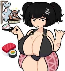 1female 1girls 2d 2d_artwork alternate_version_available artist_name asian asian_bimbo asian_female big_breasts bikini bikini_top bimbo black_hair breasts breasts_bigger_than_head cameltoe curvaceous curvy curvy_body curvy_female curvy_figure female food heart heart_symbol heart_tattoo hira.shotgun holding holding_chopsticks holding_object huge_breasts kimchi_(hira.shotgun) large_breasts light-skinned_female light_skin looking_at_viewer original_character simple_background simple_eyes solo_focus sushi swimsuit swimwear tattoo tattoo_on_arm tattoo_on_breast tattoo_on_chest thick_legs thick_thighs thighs twintails twitter_username unique_style voluptuous voluptuous_female