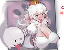 1girls 1other ambiguous_gender bloop boo_(mario) boosette breasts cleavage clothing crown female_focus ghost long_hair looking_at_viewer luigi's_mansion mario_(series) new_super_mario_bros._u_deluxe nintendo nipple_bulge open_mouth sharp_teeth sketch smile solo_focus super_crown teeth tongue tongue_out