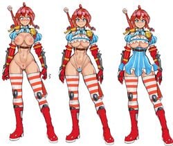 1girls abs alternate_outfit armor blue_eyes blush boots bottomless breasts breasts_out character_sheet cleavage clothes eye_contact freckles functionally_nude looking_at_viewer nipples nisetanaqa pubic_hair pussy red_hair short_dress sketch skirt_removed smile solo striped_legwear striped_thighhighs sword thick_thighs thigh_gap thong underboob weapon wendy's wendy_thomas white_background wide_hips