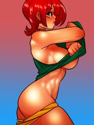 bell bell_collar breasts cheunchin collar female female gradient gradient_background pulling red_hair sideboob skindentation solo standing