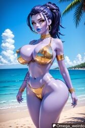 ai_generated beach big_ass big_breasts big_lips bikini bimbo bimbo_body bimbo_lips bimbofication bimbofied blue_lips blue_lipstick bracelet breasts colored_skin earrings eyeshadow female golden_bikini hourglass_figure huge_breasts looking_at_viewer makeup nail_polish necklace nipples_visible_through_clothing ocean omega_weirdo overwatch overwatch_2 patreon ponytail purple_hair purple_skin solo solo_female solo_focus thick_thighs wide_hips widowmaker