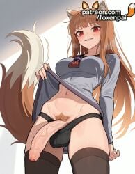 1girls 2025 ai_generated animal_ears artist_name blush breasts breasts breasts brown_hair bust chest clothes_lift cock dick dress erection eyebrows_visible_through_hair female female_pubic_hair foreskin foxenpai futanari hi_res high_quality high_resolution highres holo jewelry large_penis long_hair looking_at_viewer male_pubic_hair panties patreon patreon_username penis pubic_hair red_eyes smile solo spice_and_wolf stable_diffusion tail testicles thighhighs uncensored underwear watermark wolf_ears wolf_girl wolf_tail