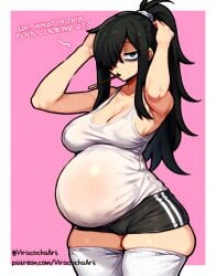 ai_assisted ai_generated big_breasts black_hair breasts digital_drawing_(artwork) eating kuroki_tomoko long_hair milf nipples_visible_through_clothing pregnant pregnant_female viracochaart wide_hips