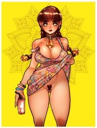 bell_collar belle_(cheunchin) brown_hair bubble_tea cheunchin cleavage dress_lift dripping female floral_print large_breasts looking_at_viewer no_underwear pubes solo standing tongue_out twin_braids wet yellow_background yellow_eyes