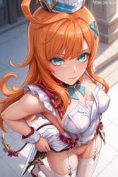 1girls ai_generated aqua_eyes dress dress_lift escoffier_(genshin_impact) female female_only from_above garter_belt garter_straps genshin_impact hat headwear lace-trimmed_thighhighs long_hair looking_at_viewer medium_breasts mostly_clothed no_panties orange_hair patreon perky_breasts pussy pussy_peek salupai solo solo_female tail thighhighs uncensored watermark white_thighhighs