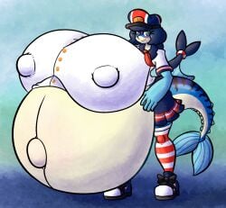 anthro big_breasts blue_body blue_eyes blue_hair blush bottomwear breasts clothing collared_shirt dress_shirt female fish fish_tail footwear hair hat headgear headwear huge_breasts hyper hyper_breasts hyper_pregnancy legwear looking_at_viewer mackenzie_(sprucy) mackerel marine navel necktie nipple_outline outie_navel pattern_clothing pattern_legwear pattern_stockings peaked_cap ponytail pregnant sailor_uniform scombrid scombriform shirt shoes skirt sneakers solo sprucy stockings striped_body striped_clothing striped_legwear striped_stockings stripes topwear
