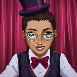 1girls ai_generated arcane big_eyes bow bowtie brown_hair brown_skin clothed_female clothing collared_shirt curtains female female_focus female_only formal glasses hat large_eyes league_of_legends looking_at_viewer neckwear red_bow red_bowtie red_curtains red_neckwear safe safe_for_work short_hair sky_young solo solo_female solo_focus tie top_hat uniform vest white_shirt
