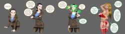 absurdres ass_focus before_and_after black_hair blonde_hair breasts business_suit dark_skin enemy_conversion english_text evil_smile eyeshadow female financial_domination glowing_eyes green_eyes grey_background hand_on_hip large_breasts light_skin long_hair looking_at_viewer makeup ongcs123 open_mouth original phantom_hand shrunken_irises simple_background smile speech_bubble spiral suit tan_skin text tongue tongue_out transformation yellow_eyes