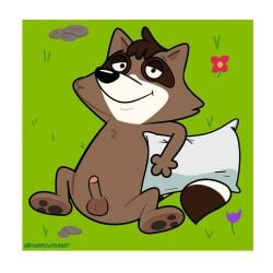 2025 anthro anthro_only balls biped brown_body erection fabricationist flower genitals hi_res lying male male_only mammal outside pb_and_j_otter penis pillow plant procyonid raccoon small_penis smile solo solo_male walter_raccoon