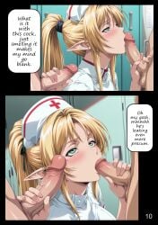 1girls 2025 ai_assisted ai_generated blonde_hair doctor doctors_office doujinshi elf female green_eyes kxy male manga manga_page nurse nurse_cap nurse_uniform original original_character ponytail upscaled