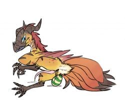 animal_genitalia animal_penis armor avian beak bird blue_eyes bodily_fluids claws cloaca cloacal_penis cum egg feathers feral focdecorbamon genital_fluids genitals headgear helmet horn leaking leaking_cum lying male mane markings on_side oviposition p.v.su penis simple_background solo tail tail_feathers yellow_body