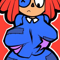 big_breasts black_eyes clothed clothing doll dress grope groping groping_breasts groping_from_behind jaysonguzman567 ragatha_(the_amazing_digital_circus) red_hair the_amazing_digital_circus