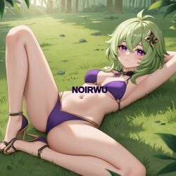ai_generated bikini breasts collei_(genshin_impact) feet genshin_impact green_hair hair_between_eyes heels high_heels highres lying lying_on_grass medium_breasts medium_hair noirwu purple_bikini purple_eyes purple_high_heels relaxing toes