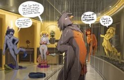 anthro avian balls bat bathing beak bird black_hair blonde_hair blush breasts brown_body brown_fur cam_(the-minuscule-task) canid canine canis casual_nudity clothes_on_floor clothing detailed_background domestic_dog dukie_(the-minuscule-task) ear_piercing ear_ring english_text female flaccid fur genitals grey_body grey_fur group hair hairless_tail hi_res humanoid_genitalia humanoid_penis ipomoea_(the-minuscule-task) male mammal murid murine neck_tuft nipples penis piercing pussy rat red_(the-minuscule-task) red_hair ring_piercing rodent showering small_breasts standing text the-minuscule-task tuft tweety_(the-minuscule-task) undressing water wet yellow_body yellow_fur