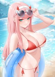 absurdres beach big_breasts bikini breasts cleavage collarbone darling_in_the_franxx day eyewear_on_head female highres horns innertube long_hair looking_at_viewer navel ocean outdoors pink_hair red_bikini sky smile solo string_bikini sunglasses swim_ring swimsuit washout008 water zero_two_(darling_in_the_franxx)