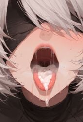 2b_(nier:automata) after_fellatio after_oral ahe_gao ahegao_face ai_generated android blindfold blindfolded blowjob cum cum_in_mouth excessive_cum nier nier:_automata nier_(series) oral sex tongue tongue_out yorha_2b