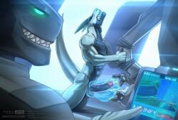 2019 anthro balls being_watched blush bodily_fluids cum cumshot dragon duo ejaculation erection fish genital_fluids genitals glowing glowing_eyes grin hi_res humanoid_genitalia humanoid_penis looking_at_another male marine masturbation muscular muscular_male mythological_creature mythological_scalie mythology nude orgasm_face penis scalie shark smile todex todex_(character) watermark
