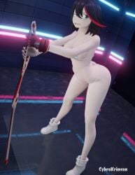 3d arched_back bent_over bikini black_hair blender cybrokrimson fair_skin kill_la_kill matoi_ryuuko small_breasts string_bikini striped_panties