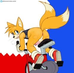 2_tails anthro anus ass backsack balls bodily_fluids bottomless canid canine clothed clothing cloud_emanata emanata erection exercise exercise_bike footwear fox fur genital_fluids genitals gloves handwear hi_res looking_at_viewer looking_back male mammal mostly_nude multi_tail penis precum sega shoes simple_background socks solo sonic_(series) sonic_the_hedgehog_(series) sweat sweaty_butt tail tails tails_the_fox tkraccoon