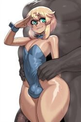 2boys ai_generated artist_request blonde blonde_hair blonde_hair_male blonde_male blue_eyes blushing bodysuit bridget buldge bunnysuit dark-skinned_male dark_skin femboy feminine_male grabbing_from_behind guilty_gear hands_around_waist hands_on_waist interracial light-skinned_male light_skin muscular_male penis_bulge salute saluting short_hair size_difference sweat sweaty tabootao thick thick_thighs