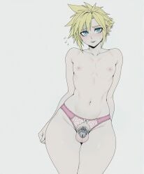 1boy ai_assisted bell blonde_hair blue_eyes blush bow bulge cloud_strife collarbone cowboy_shot embarrassed femboy feminine_male final_fantasy final_fantasy_vii flaccid flying_sweatdrops hair_between_eyes lace looking_at_viewer male male_focus navel nipples otoko_no_ko panties parted_lips pectorals penis penis_peek pink_panties short_hair simple_background skindentation solo sondu spiked_hair square_enix sweatdrop testicles topless_male trap twink underwear white_background