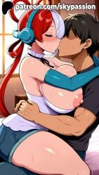 1boy 1girls 2025 ai_assisted ai_generated anime areola areolae artist_name blush breasts breasts_out bust chest closed_eyes clothed_female clothed_female_clothed_male clothes_lift colored_hair erect_nipples exposed_breasts exposed_nipples faceless faceless_male female hair_over_one_eye hard_nipples headphones headphones_on_head hi_res high_quality high_resolution highres hug kissing long_hair multicolored_hair nipple nipples nipples_outside one_piece patreon patreon_username red_hair romantic romantic_ambiance romantic_couple shorts skypassion stable_diffusion straight sweat uncensored_nipples uta_(one_piece) watermark white_hair