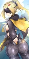 1girl armor ass blindfold_mask blonde_hair breastplate breasts camouflage camouflage_pants commentary_request from_behind gun hair_ornament high_ponytail highres holding holding_weapon houton_tamago long_hair mask medium_breasts pants ponytail rifle sniper_rifle solo triangle_hair_ornament trigger_(zenless_zone_zero) very_long_hair weapon zenless_zone_zero