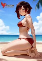 1girls 2d ai_generated ass back barefoot beach big_ass big_breasts bikini black_bikini breasts camera day erophoenix feet gradient_hair looking_at_viewer looking_back multicoloured_hair outdoors pale_skinned_female patreon_username red_hair ruby_rose rwby short_hair sitting sky smile soles solo swimsuit two-tone_hair umbrella uncensored