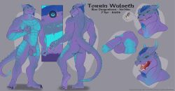 anthro blue_body dragonborn_(dnd) dungeons_and_dragons ear_piercing eyeshadow genitals hasbro hi_res horn kalach11491 makeup male model_sheet nude nude_anthro nude_male penis piercing purple_body ring_piercing scalie solo spiked_penis spikes spikes_(anatomy) spines stud_(piercing) tail teal_eyes torrin_(lesfleurs) wizards_of_the_coast yellow_eyeshadow