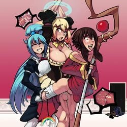 1boy 3futas ahe_gao aqua_(konosuba) big_breasts boxman busty cervical_penetration cleavage clenched_teeth cum cum_in_pussy cum_inside cum_overflow cum_while_penetrated curvy darkness_(konosuba) deep_penetration dickgirl drool drooling erection_under_clothes excessive_cum eye_roll eyes_rolling_back from_behind fucked_silly full-package_futanari futa_on_futa futanari group_sex heart heart-shaped_pupils huge_breasts impregnation intersex kono_subarashii_sekai_ni_shukufuku_wo! large_penis looking_pleasured love_train magic magic_user megumin multiple_futa ovum penetration pleasure_face rolling_eyes saliva satou_kazuma sex size_difference staff stand_and_carry_position standing standing_sex tears testicles threesome tongue_out vagina vaginal_penetration voluptuous x-ray