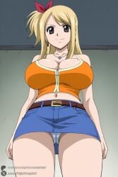 1female 1girl 1girls 2026 ai_generated artist_name belt big_ass big_breasts blonde_hair breasts brown_eyes cameltoe cleavage crop_top curvy denim denim_skirt earrings fairy_tail from_below hi_res high_quality high_resolution highres huge_ass huge_breasts jewelry large_breasts long_hair looking_at_viewer lucy_heartfilia midriff miniskirt navel necklace one_side_up panties pantyshot patreon patreon_username skirt smile solo underwear unjobdespiert upskirt watermark web_address white_panties