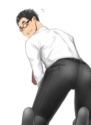 10s 1boy 2015 ass black_hair blush bulge formal fully_clothed gay glasses kanaty_12 male male_only original salaryman simple_background solo suit_and_tie tagme white_hair
