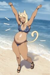 1female 1girls beach bikini blonde_hair cat_ears cat_girl cat_tail catgirl female fully_clothed miqo'te narodii plump plump_thighs pregnant pregnant_female progression