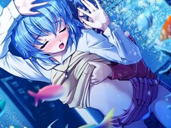 against_glass aquarium ayakashi ayakashi_h blue_hair blush braid breast_grab breasts closed_eyes eim_yoake fish game_cg groping jewelry kusaka_yuu midriff necklace no_bra open_mouth panties shirt_lift shirt_pull short_hair skirt skirt_lift skirt_pull toma_(asagayatei) underwear undressing white_panties yoake_eimu