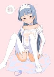 1girls blue_hair blunt_bangs clothing dress female female_only flat_chest kannagi long_hair nagi panties solo stockings thighhighs underwear wet_clothes white_panties