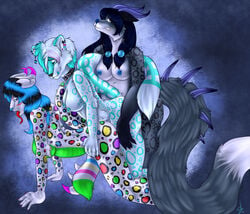 2012 anthro big_breasts blue_eyes blue_hair bottomless breasts canine dragon ear_piercing feline female fur hair horn hybrid mammal nipples nude open_mouth partycat piercing rave_partycat sex shariea shariea_(character) sierra.starpaw sierra_starpaw smile spots teal tongue