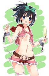 beige_skin belt black_hair blue_eyes bow casual chains color cuffs embarrassed female female_only flat_chest green_background hairbow holding hoodie kunihiro_hajime looking_at_viewer manacles microskirt midriff navel no_bra no_panties open_eyes open_mouth ponytail popsicle pussy saki see-through short_hair single_thighhigh skindentation skirt sleeveless solo star thighhighs tied_hair translucent white_background