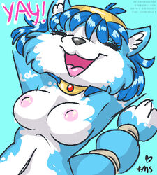 anthro blue_fur blue_hair breasts choker closed_eyes color cyan_background female female_only fox front_view fur furry furry_breasts furry_ears furry_tail grey_nose hair krystal morningstar nipples nude open_mouth pink_nipples pointy_ears raised_arms raised_tail short_hair smile solo star_fox tail white_fur