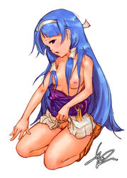 1girls blue_hair clothing female female_only kannagi long_blue_hair nagi no_panties skirt small_breasts solo tagme