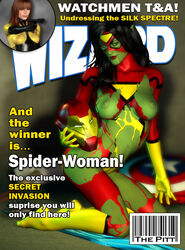 2girls 3d cover_page crossover dc female female_only human iron_man_helmet jessica_drew magazine_cover marvel marvel_comics secret_invasion silk_spectre skrull skrull_queen spider-man_(series) spider-woman spider-woman_(cosplay) straight_hair the_pitt veranke watchmen wizard_magazine