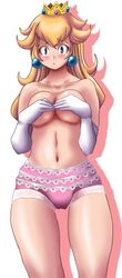 blush breasts color crown ear_piercing elbow_gloves female female_only frills frilly_panties front_view gloves human kihaiu mario_(series) nintendo piercing princess_peach smooth_skin solo standing tagme topless