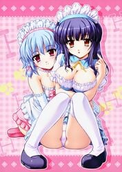 2girls ayakashi ayakashi_h blue_hair blush breasts choker cleavage eim_yoake elbow_gloves female gloves highres izumi_makihara large_breasts maid maid_headdress multiple_girls panties pantyshot pantyshot_(sitting) pantyshot_sitting pink_eyes red_eyes ribbon shiragami_kikuri short_hair sitting skirt smile thighhighs toma_(asagayatei) underwear white_legwear yoake_eimu yuri