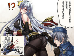 1boy 1girls ass blood blush breasts clothing crazy grey_eyes karee_oshou large_breasts lipstick military military_uniform panties panties_under_pantyhose pantyhose red_eyes selvaria_bles silver_hair skirt skirt_lift stab stabbing sweat translation_request underwear uniform valkyria_chronicles valkyria_chronicles_1 welkin_gunther