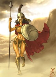 1girls 300 2007 ancient_greece aspis breasts brown_hair cape casual_nudity clothing corinthian_helmet dark_brown_hair dark_horse female female_only functionally_nude gorgo helmet holding_polearm holding_weapon hoplite human human_only light-skinned_female light_skin light_skinned_female long_hair medium_breasts polearm queen revealing_clothes royalty sandals shield solo solo_female spartan spear tanned_female tanned_skin toned_female warrior weapon wide_hips