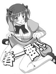 amatsuka_haruka baby_princess blush bow dress dress_lift footwear hairbow kneehighs long_hair marumi monochrome panties short_twintails skirt skirt_lift socks solo text tied_hair tongue translation_request twintails underwear_down