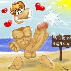 big_penis cumshot cumshot_on_face erection fapping feet feet_fetish gay glans humanoid male male_feet mascot muscles naked_male nude_beach nude_male open_smile rayman rayman_(series) rayman_legends rayman_origins solo sperm summer yaoi